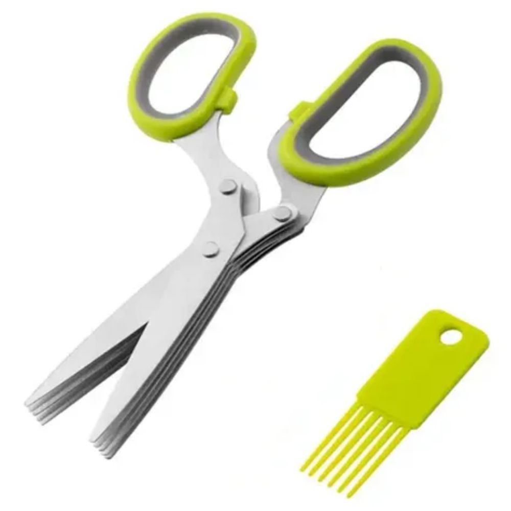Tesoura Multifuncional Cozinha 5 Lâminas Aço Inox Ervas Aromáticas e Verduras