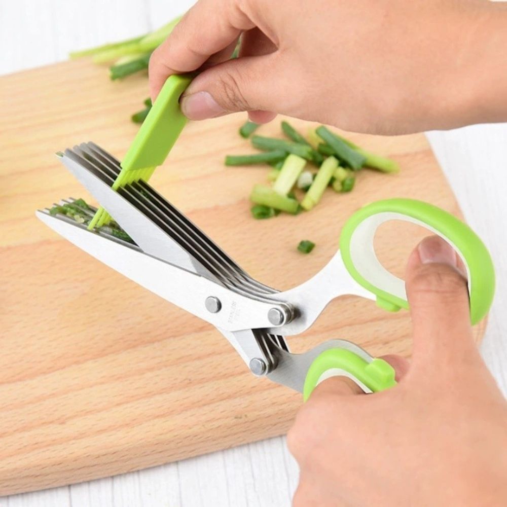 Tesoura Multifuncional Cozinha 5 Lâminas Aço Inox Ervas Aromáticas e Verduras - Imagem 4