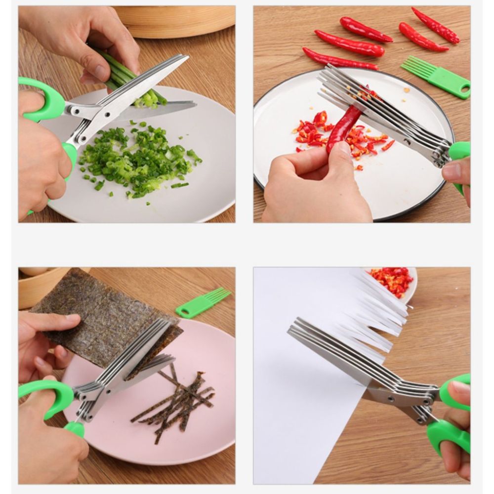 Tesoura Multifuncional Cozinha 5 Lâminas Aço Inox Ervas Aromáticas e Verduras - Imagem 3