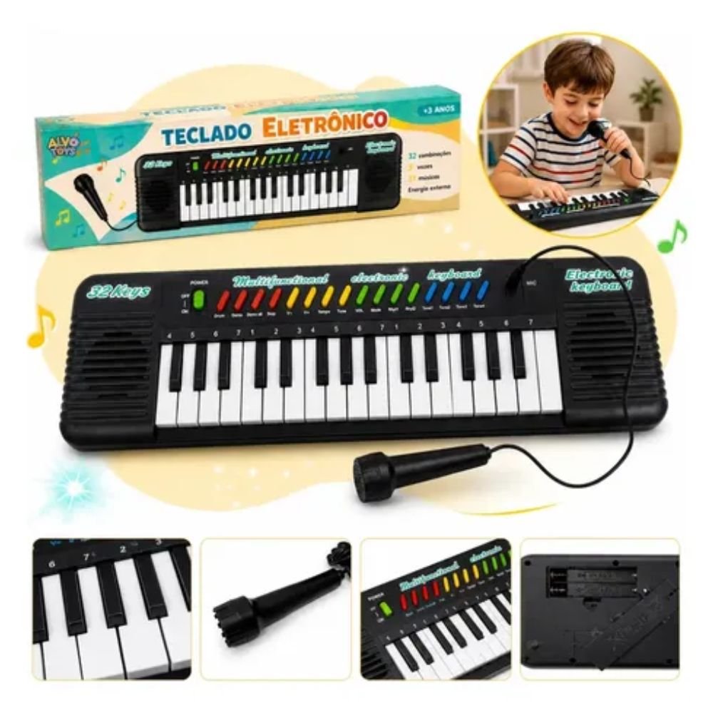 Piano Teclado Infantil Microfone Karaokê 32 Teclas Brinquedo Musical Educativo - Imagem 3