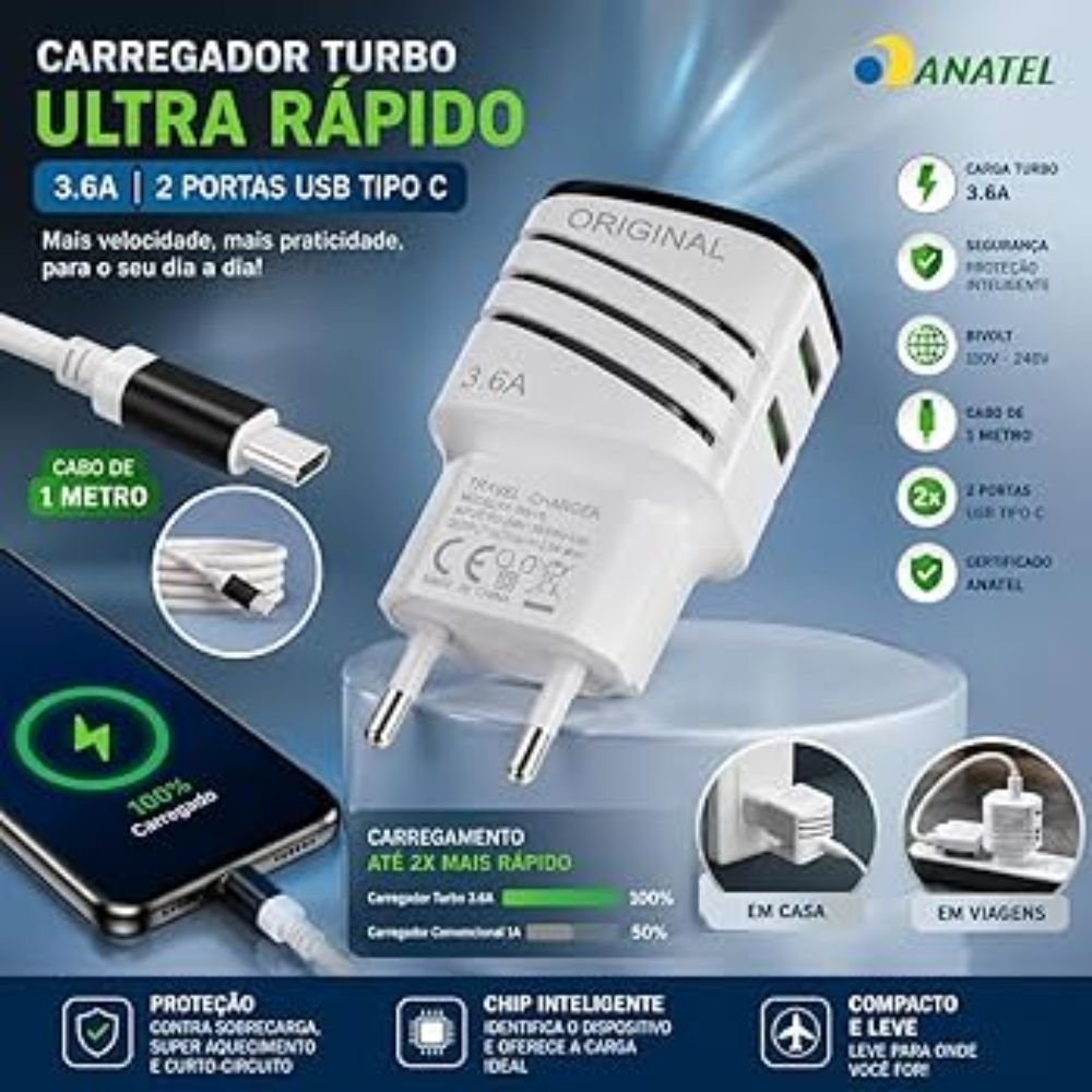 Kit 10 Carregador Turbo Tipo C 3.6a Ultra Rápido 2 Usb Bivolt Cabo 1 Metro - Imagem 4