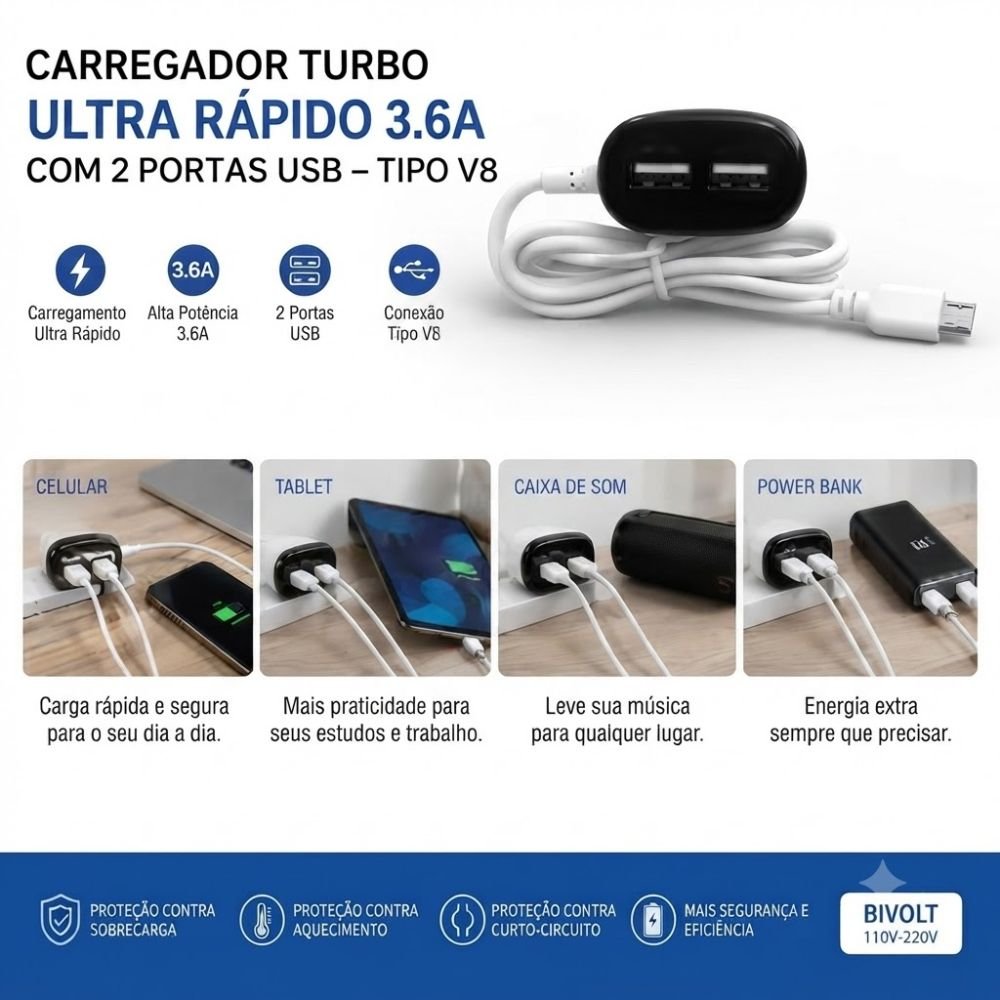 Kit 10 Carregador Turbo V8 3.6a Ultra Rápido 2 Usb Bivolt com Cabo 1 Metro - Imagem 4