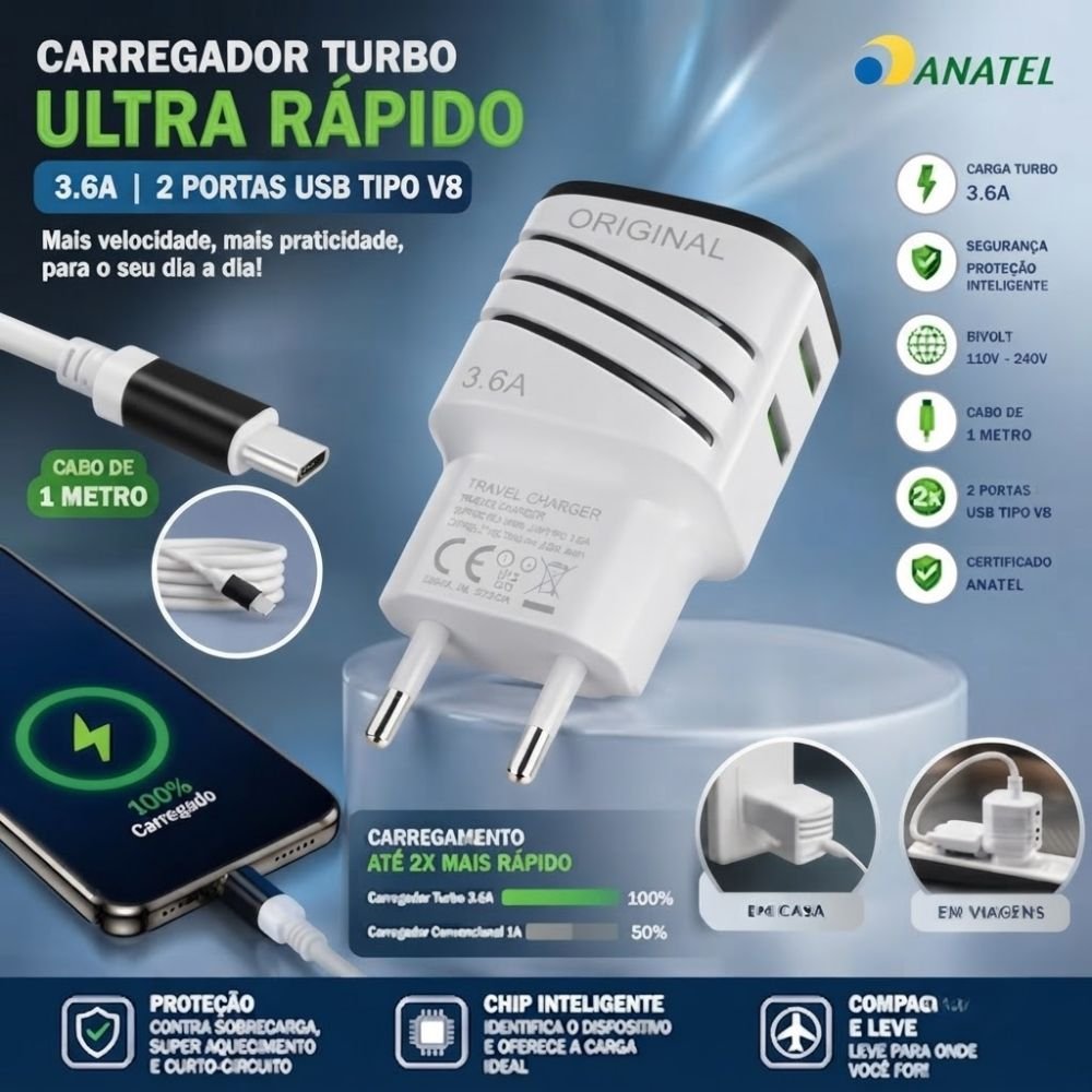 Kit 25 Carregador Turbo V8 3.6a Ultra Rápido 2 Usb Bivolt com Cabo 1 Metro - Imagem 4