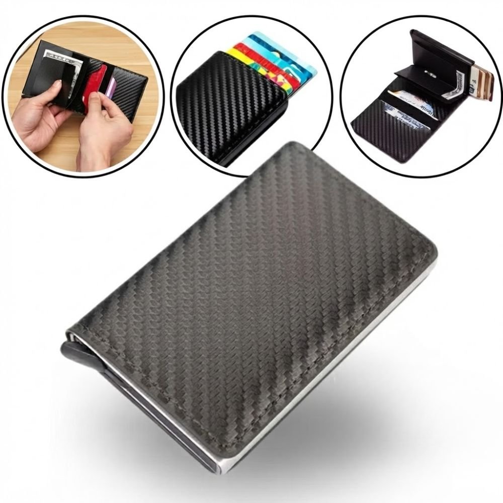 Carteira Slim Masculina Porta Cartões Antifurto Couro Sintético com Ejetor - Imagem 3