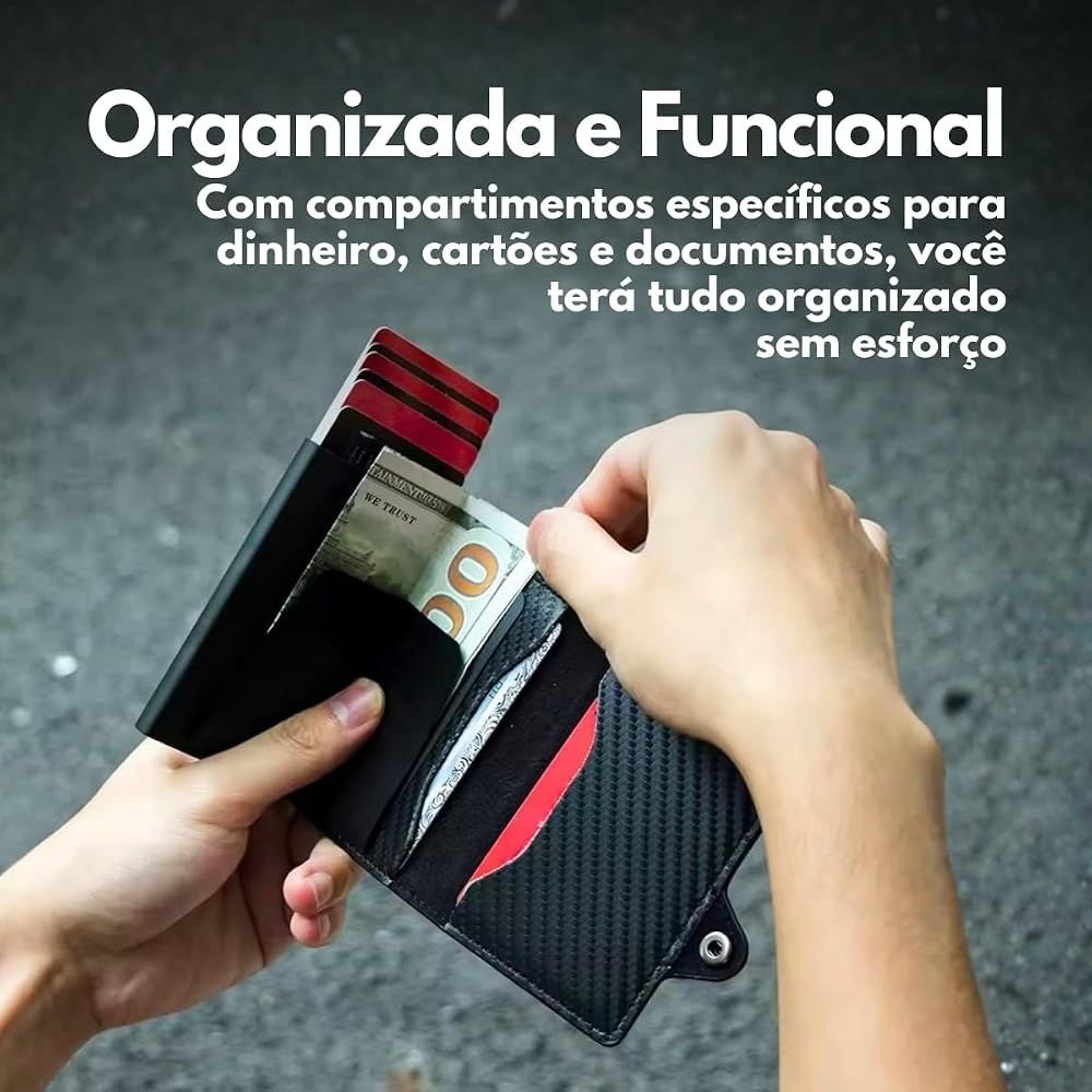 Carteira Slim Masculina Porta Cartões Antifurto Couro Sintético com Ejetor - Imagem 4