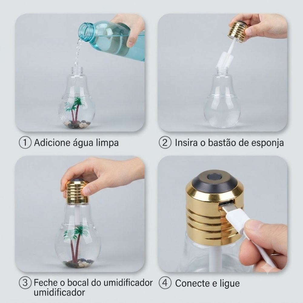 Umidificador Ar Aromatizador Luminária Led 7 Cores USB 400ml Formato Lâmpada - Imagem 4