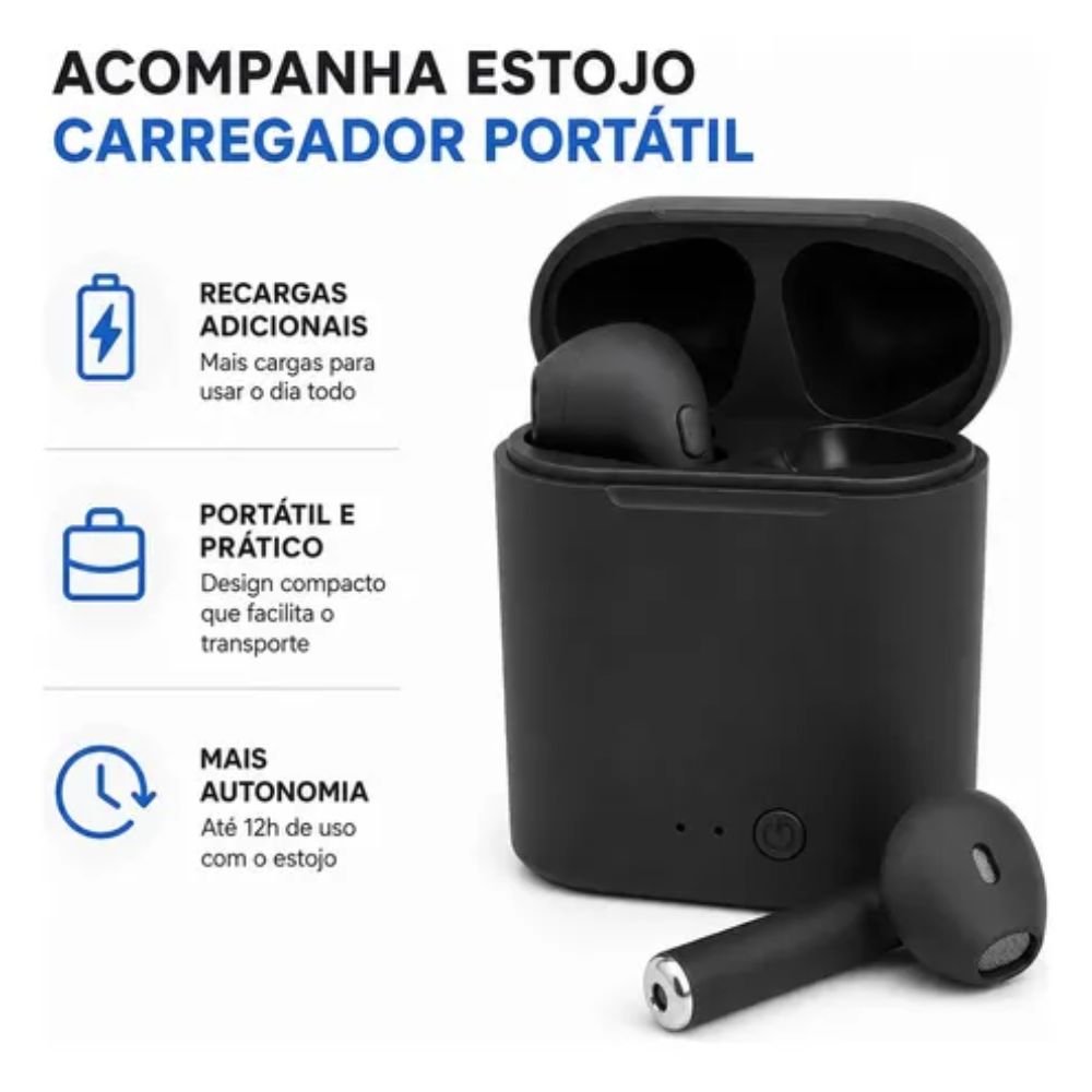 Fone Bluetooth i7s Tws Sem Fio Intra Auricular Carregador Android Ios Preto - Imagem 4