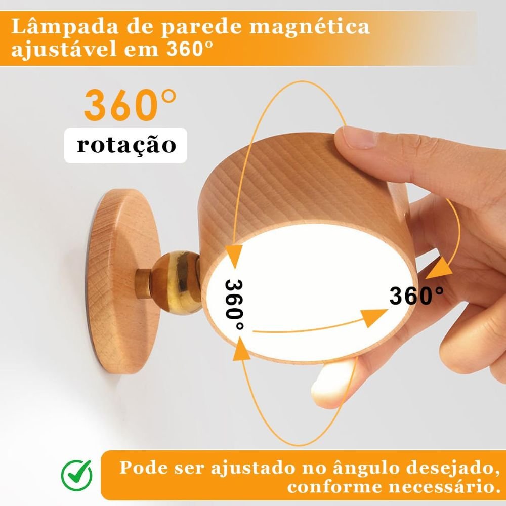 Arandela Led de Parede Magnética Giratória Sem Fio Recarregável Usb Leitura - Imagem 4