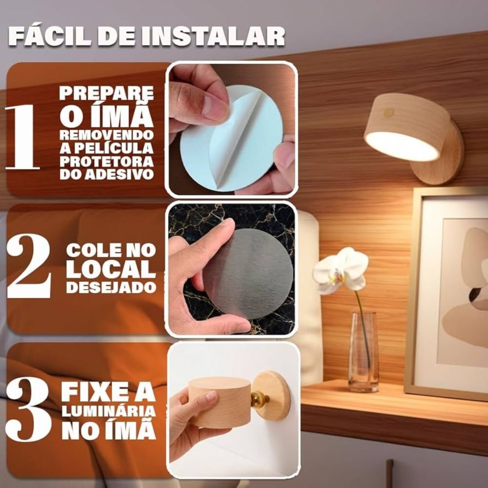 Kit 2 Arandelas Led de Parede Magnética Giratória Sem Fio Recarregável Usb - Imagem 3
