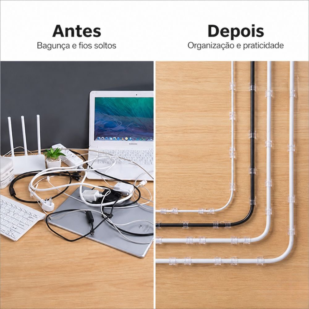 Kit 80 Clips Organizador Cabos Fios Adesivo Fixador Parede Mesa Escritório - Imagem 3