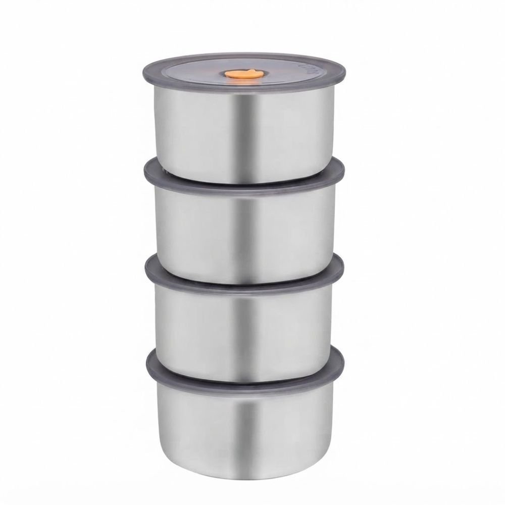 Conjunto 4 Potes Herméticos Inox 450ml Marmita Redonda Armazenar Alimentos