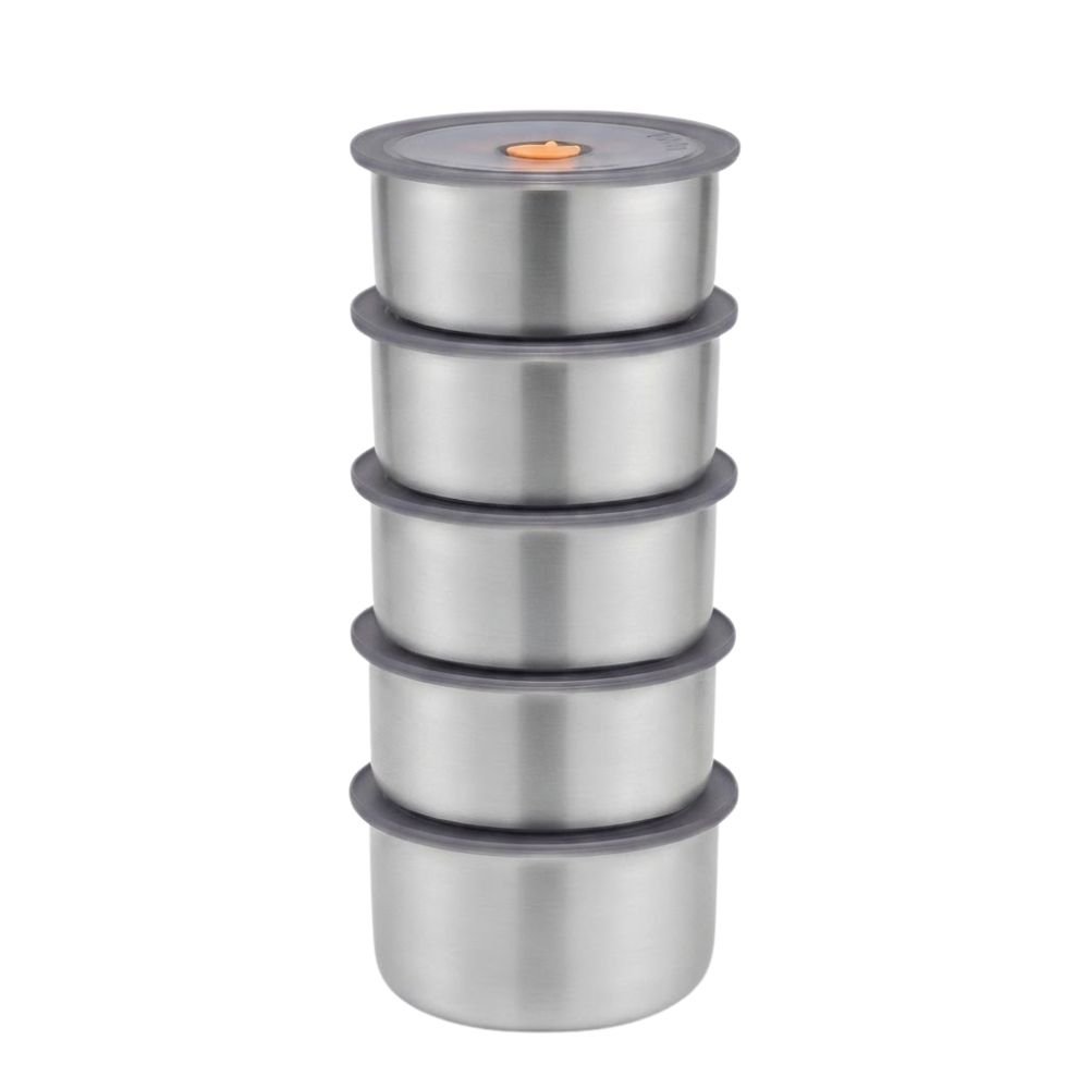 Conjunto 5 Potes Herméticos Inox 450ml Marmita Redonda Armazenar Alimentos