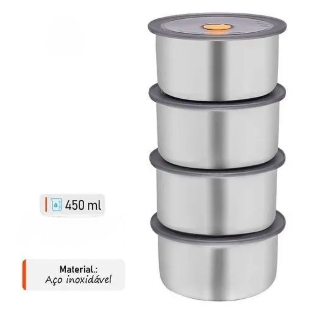 Conjunto 5 Potes Herméticos Inox 450ml Marmita Redonda Armazenar Alimentos - Imagem 4