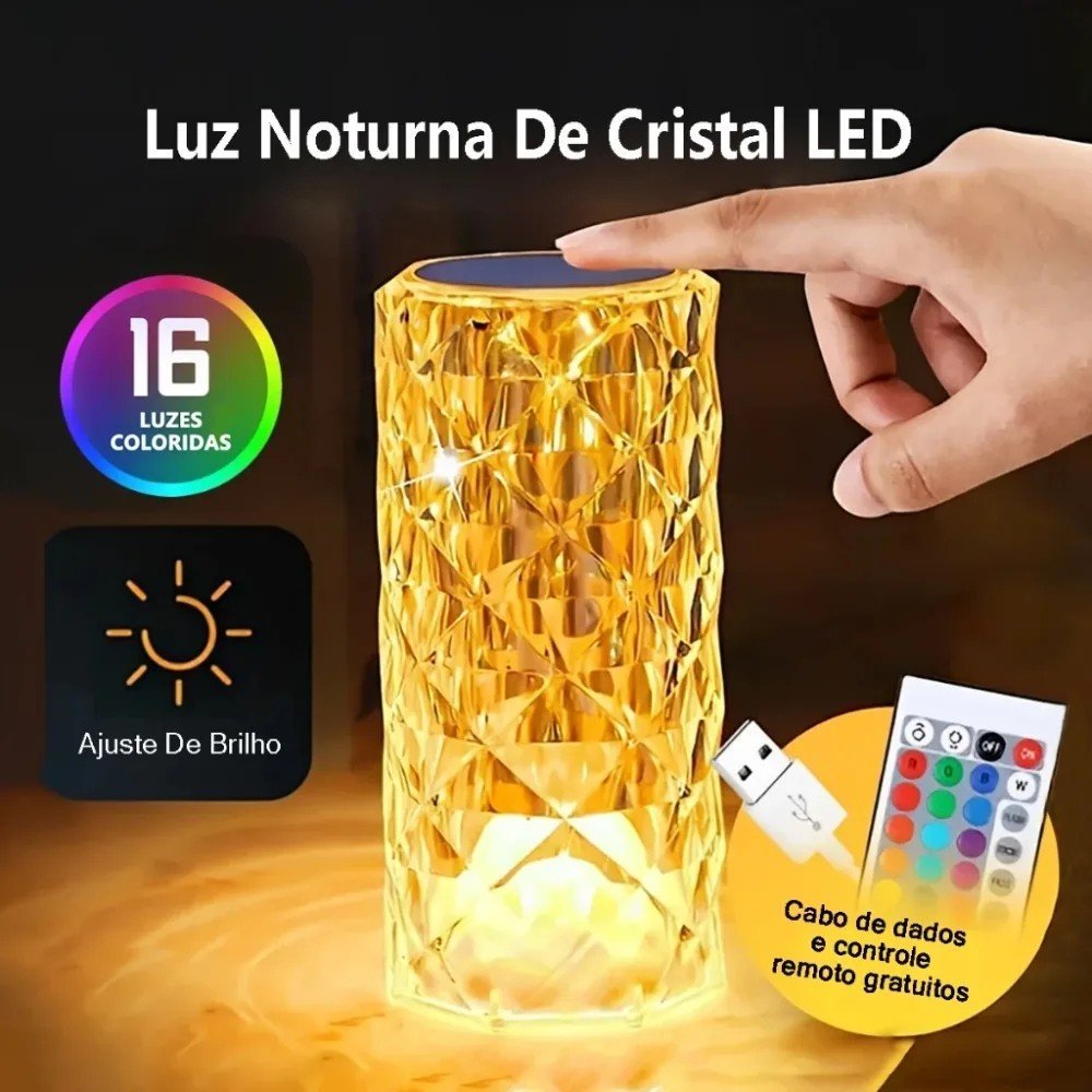 Abajur Luminária de Mesa Touch sem Fio Cristal Rgb 16 Cores - Imagem 3