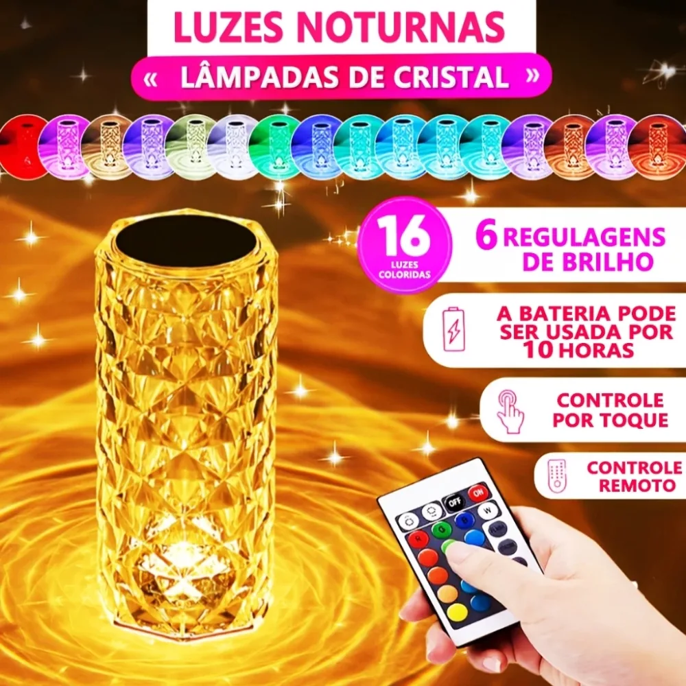 Abajur Luminária de Mesa Touch sem Fio Cristal Rgb 16 Cores