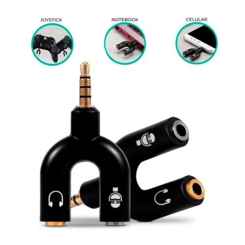 Adaptador ce Áudio P3 para 2 P2 Headset Fone e Microfone 3,5mm Plug And Play