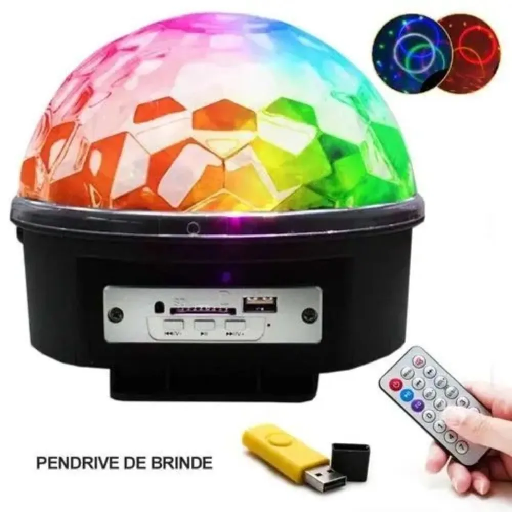 Bola Maluca Globo de Festa Led Magic Cristal Rgb Bluetooth e Mp3 Pen Drive