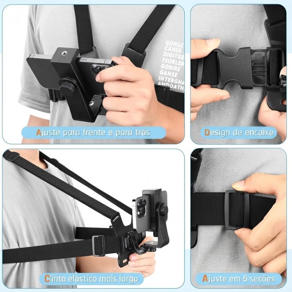 Colete Suporte Peitoral para Celular e Gopro Ajustável para Filmagem 360