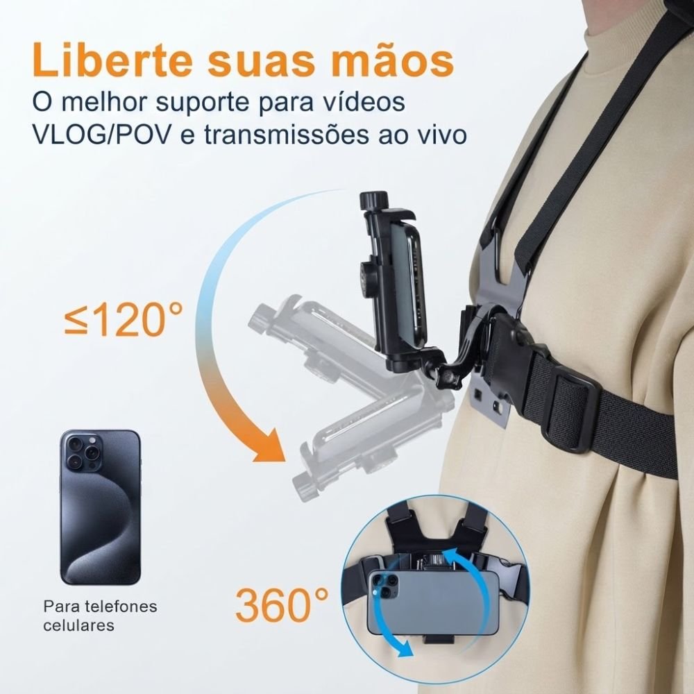 Colete Suporte Peitoral para Celular e Gopro Ajustável para Filmagem 360