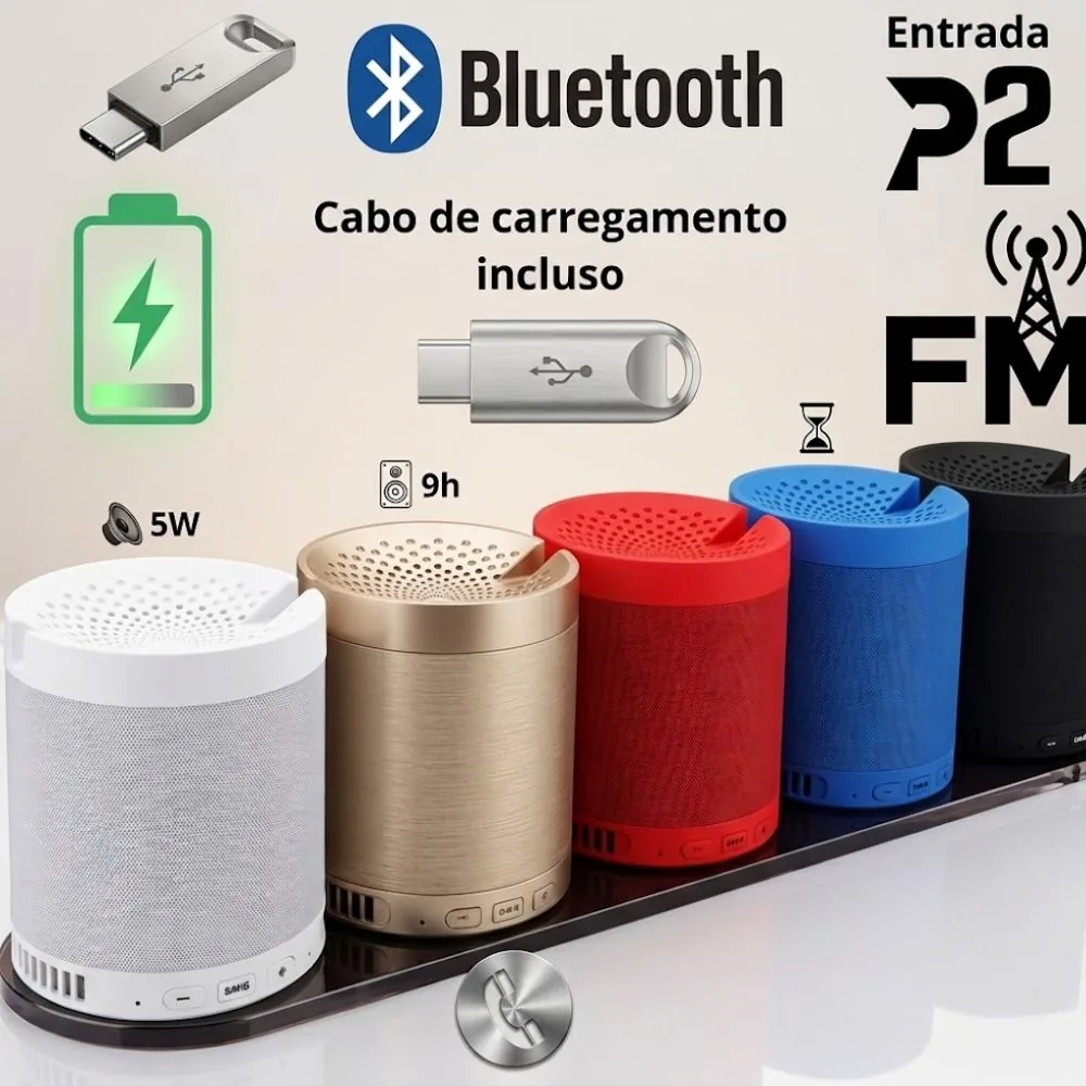 Caixa de Som Portátil Bluetooth com Suporte para Celular com Rádio Redondo - Imagem 3