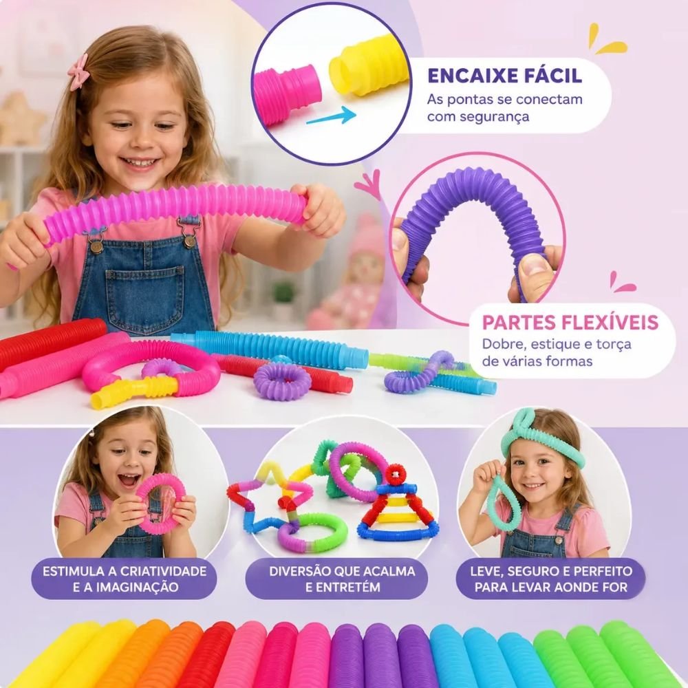 Kit com 12 Pop Tube Grande Luminoso com Led Brinquedo Sensorial Antiestresse