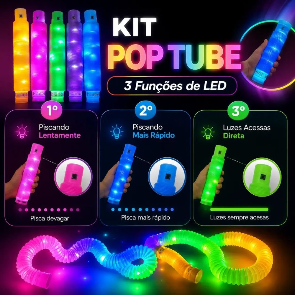 Kit com 6 Pop Tube Grande Luminoso com Led Brinquedo Sensorial Antiestresse