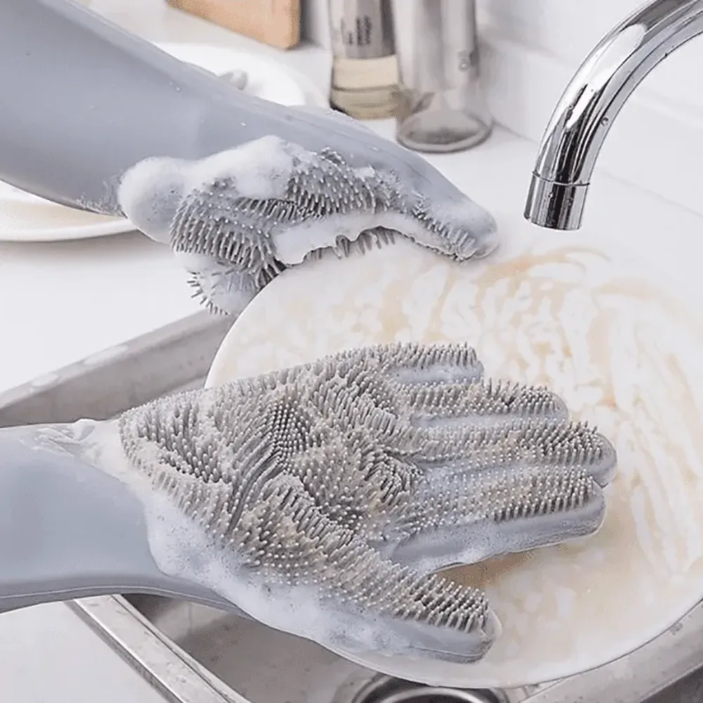 Luva Par Magica Escova Limpeza Silicone Lavar Louça Prato Protege Mão