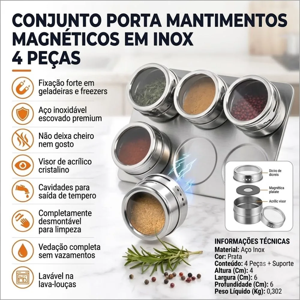 Porta Condimentos Inox Magnético para Tempero com 4 Peças
