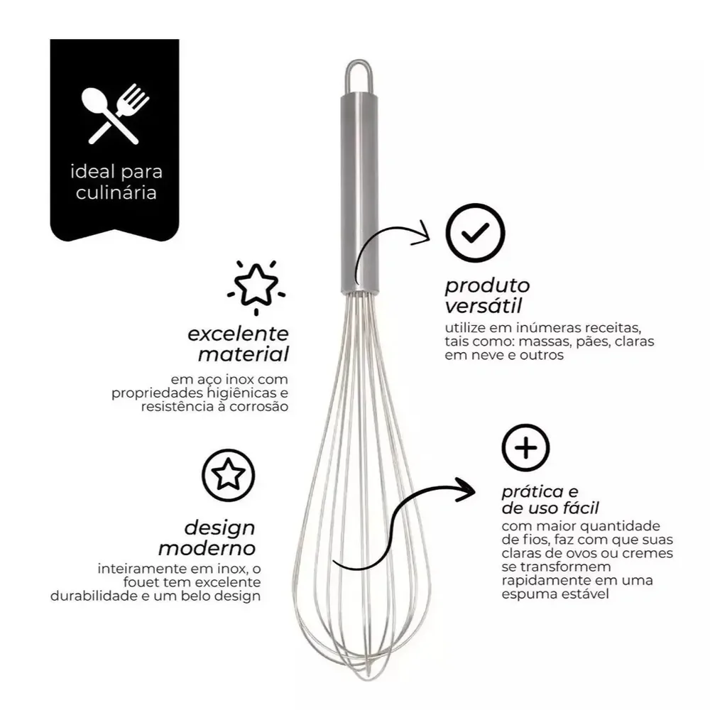 Batedor Manual Inox 25cm Fue Fouet para Ovos e Massas Profissional