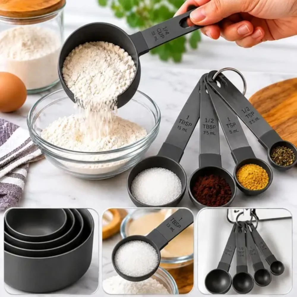 Kit Colheres e Copos Medidores Aço Inox 8 Peças Medidor Culinário Sem Bpa