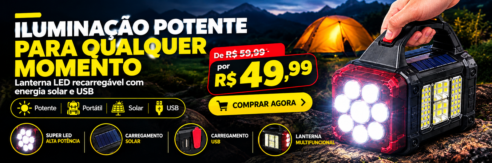 Lanterna Holofote Led Recarregável via Energia Solar