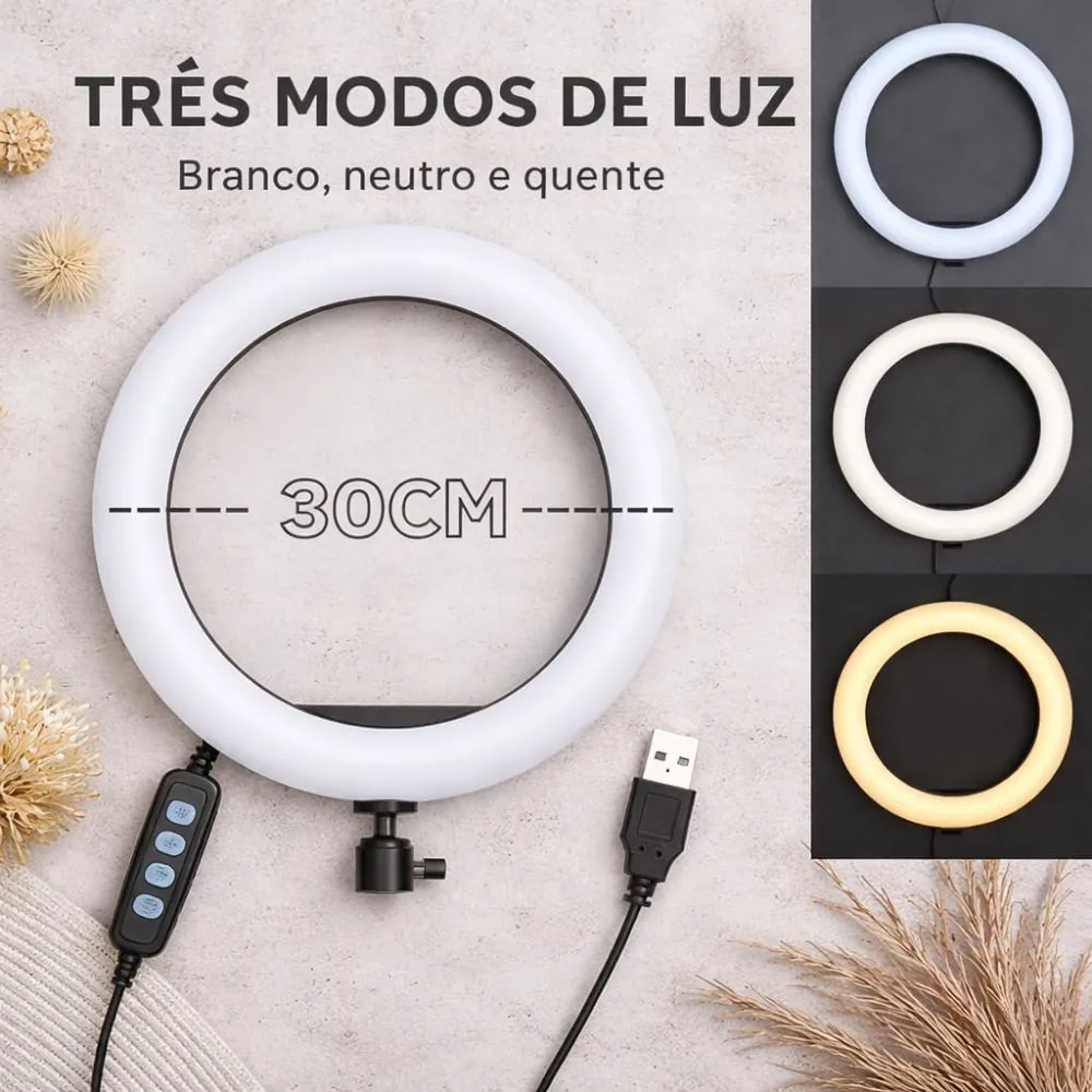 Ring Light 12 Iluminação Profissional com Tripé Ajustável Suporte Celular